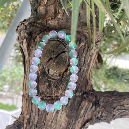 8mm Selenite Bracelet | Color-Coated Purple and Green Natural Crystal | Handmade Meditation Bracelet for Women Men | Iridescent Rainbow Effect | Beading Tool Kit - Adjust to 6.5-7.5 inch Wrist Size