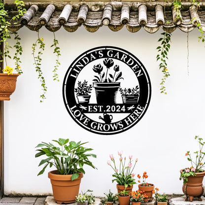 Custom Garden Flowers Pot Metal Sign,Personalized Name Sign Garden Wall Art Decor,Garden Plaque Decor,Garden Signs with Name and Date, Metal Sign for Home Wall Hanging Outdoor Decorate Garden