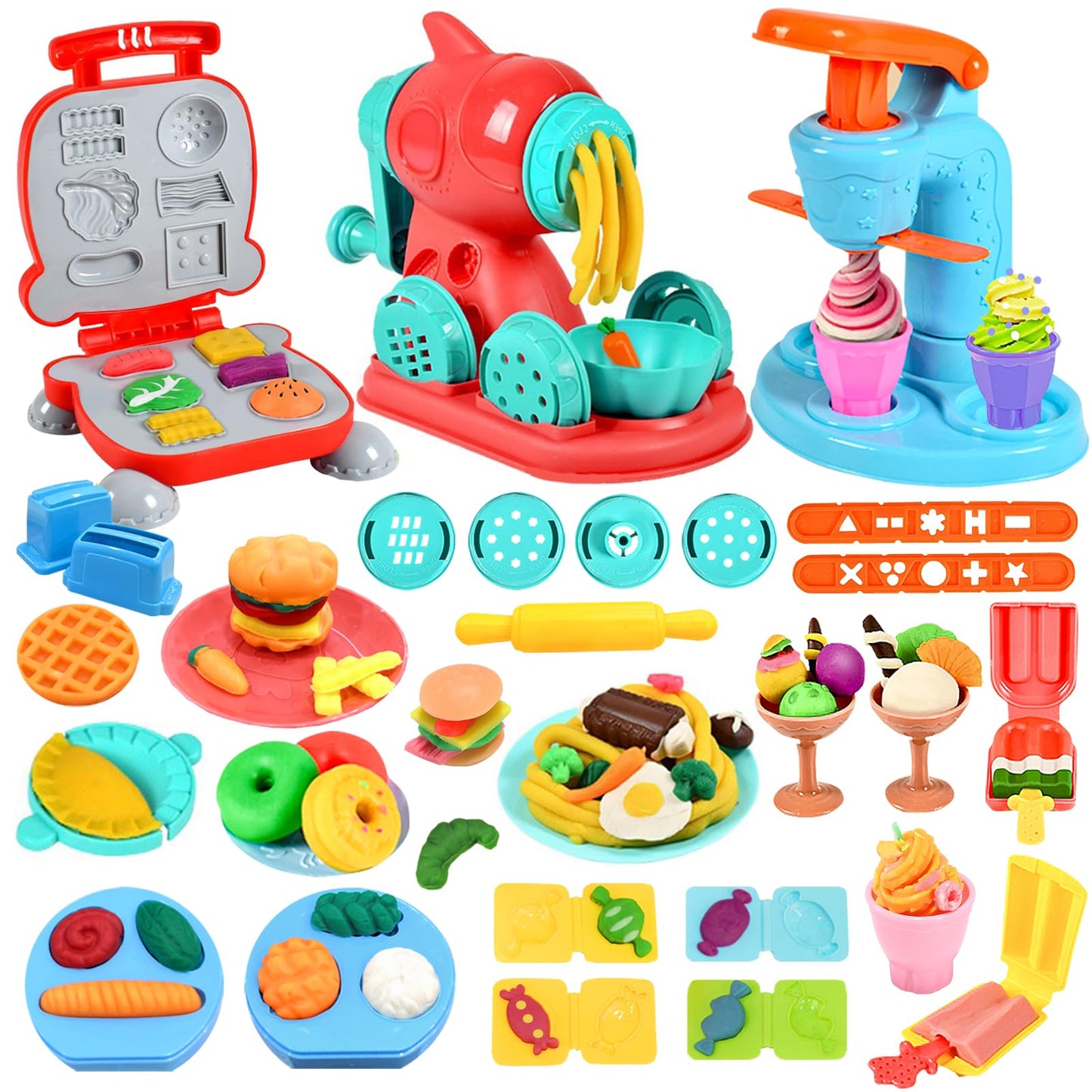 Crelloci 3 in 1 Color Dough Kitchen Creations Set, Ice Cream Spaghetti Burger Maker Machine, Art Crafts Food Modeling Toys, Accessories Tools Kit for Boys Girls Kids Toddlers Ages 3+ (12 Colors Dough)