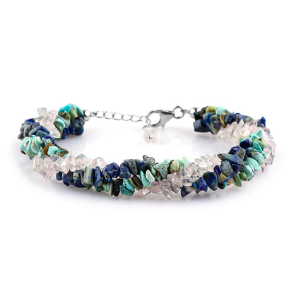 CRYSTALIS Natural Turquoise & Lapis Lazuli & Rose Quartz Beads Braided Rope Crystals Bracelet, Chips Nugget Beaded Gemstones, Chakra Healing Stones, Womens Jewelry, 925 Sterling Silver Bracelet 8 inch