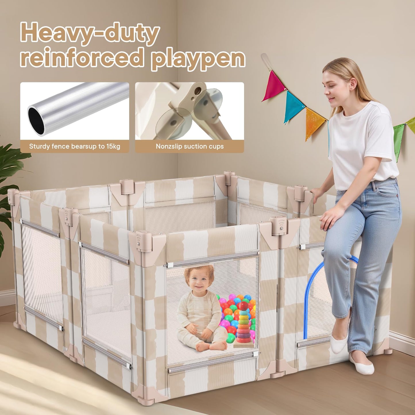 Tiny Marvels Baby Playpen, 50 x 50 in Play Pen for Babies and Toddlers, Foldable Baby Playpen, Play Yard for Infants with Breathable Mesh, Playard with Gate (Sand Checks,Mat not Included)