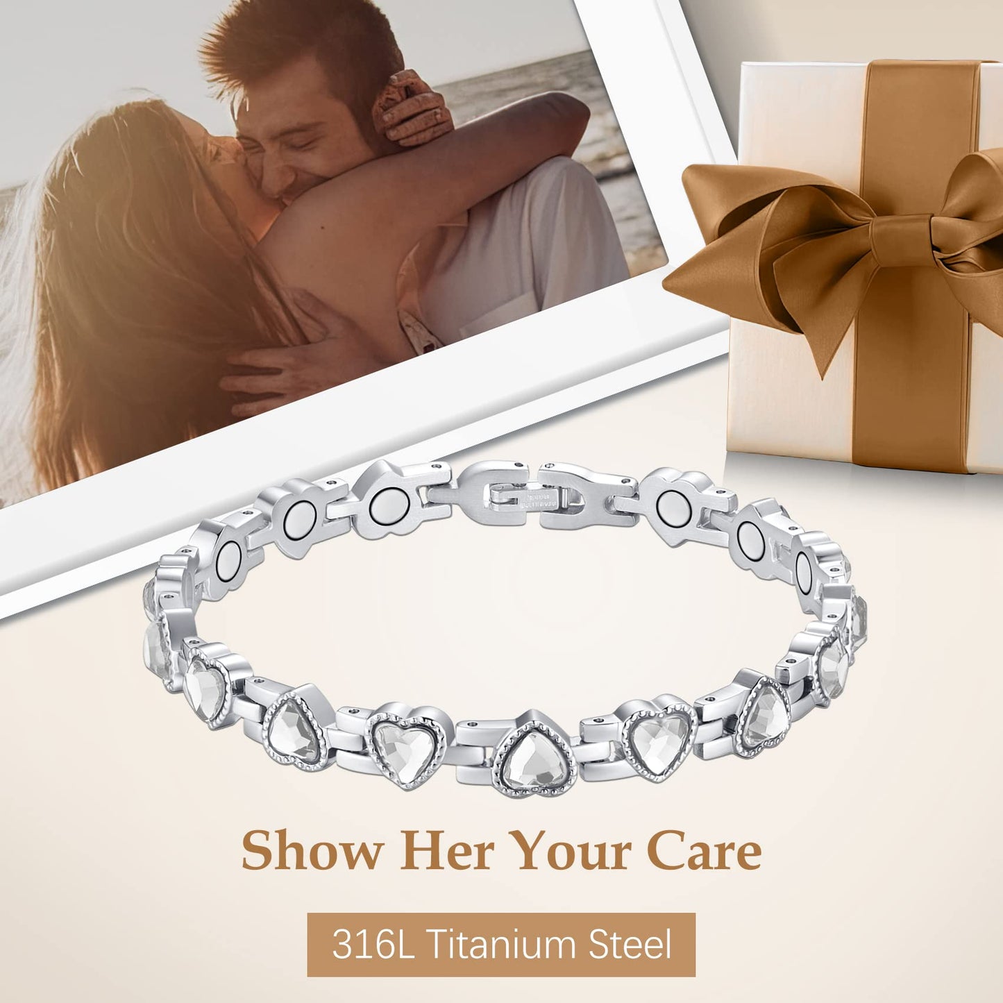 Feraco Magnetic Bracelet for Women Titanium Steel Magnetic Bracelet with Neodymium Magnets & Sparkling Crystals, Christmas Jewelry Gifts (Silver)