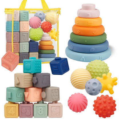 Montessori Baby Toys - Soft Baby Blocks, Stacking Rings & Sensory Balls, 24Pcs 3-in-1 Teething Toys Set for Babies 6-12 Months, Building Blocks Easter Birthday for Boys Girls