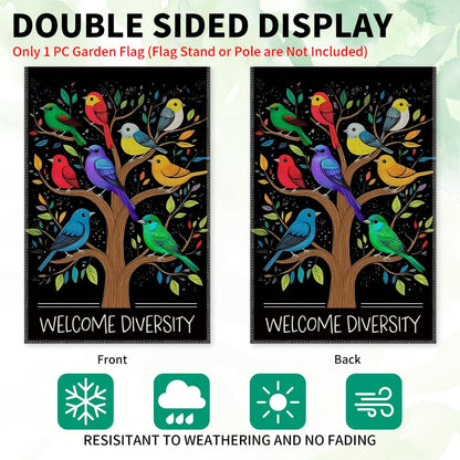 LAGZDFC Welcome Diversity Garden Flag Yard Decoration Gifts, Double Sided Farmhouse Outdoor Lawn Decor Yard Flag, Funny Rainbow Diverse Birds Welcoming Sign, Unity Equality Community Pride Flags