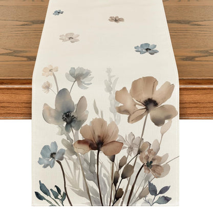 Artoid Mode Brown Poppy Floral Leaves Spring Table Runner, Seasonal Summer Kitchen Dining Table Decoration for Home Party Decor 13x72 Inch