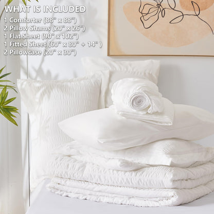 CozyLux Queen Comforter Set White Seersucker 7 Pieces Bed in a Bag Queen Comforter Set with Sheets, Luxury Soft Bedding Set with Down Alternative Comforter, Sheets, Pillowcases & Shams for All Seasons