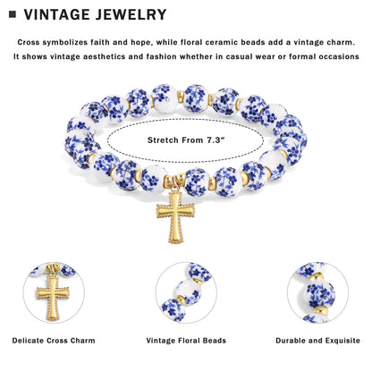 VIBILIA Cross Bracelets for Women, Cross Charm Vintage Jewelry, Flower Beaded Bracelet, Gold Handmade Stretch Jesus Baptism Romantic Christian Birthday Gifts for Women on Easter Mother's Day, Blue