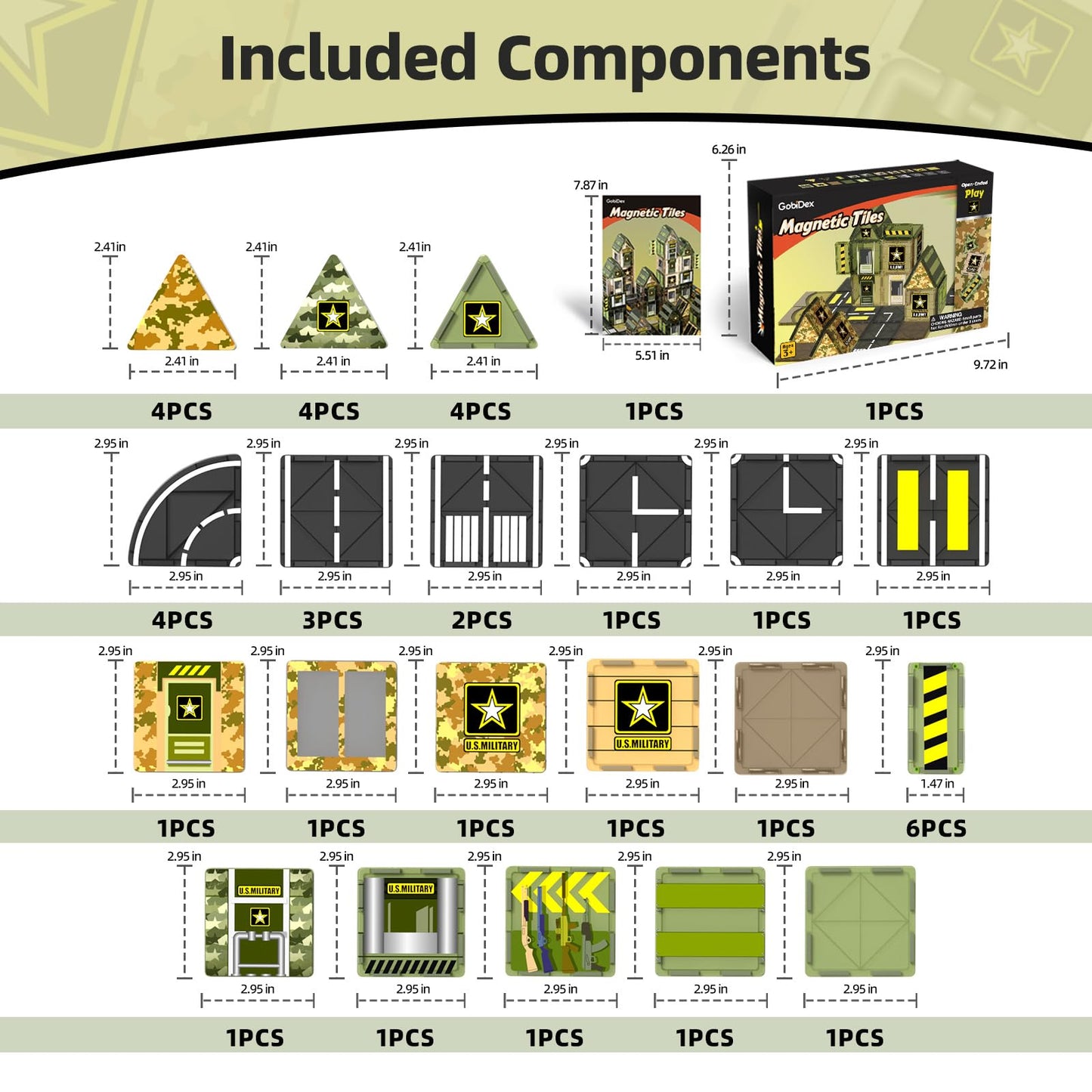 GobiDex Magnetic Tiles Army Toys, Military Magnetic Building Blocks for Kids 3-5 4-8 Girls Boys Toys Age 4-6 6-8, STEM Sensory Army Men Toddler Birthday Gifts for 3+ Year Old Kids Toy