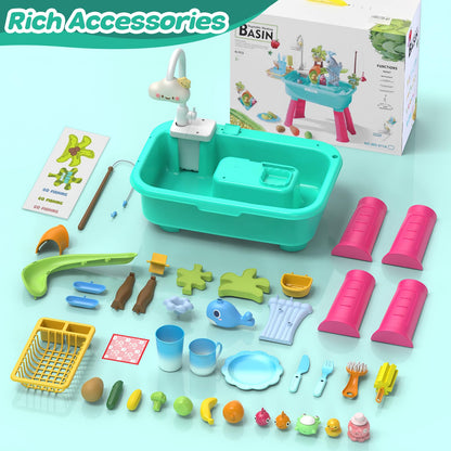 4-in-1 Electric Water Table Toy for Toddlers 1-3,Kitchen Play Sink Toys with Running Water for Kid with Water Pump,Animals, Food, Tableware,Color Changing Pretend Role Birthday Toy for Boy and Girl