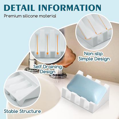 Silicone Soap Dish for Bar Soap Holder for Shower Bathroom Self Draining Waterfall Drying Tray Keep Soap Bars Dry Clean & Easy Cleaning (White, 1)