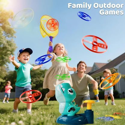 Dinosaur Flying Disc Launcher Toy – Kids Outdoor Toys for Boys & Girls Ages 3-8, Fun Press & Launch Game with 8 Discs & Catch Net, Active Yard Toys & Outside Play Toys
