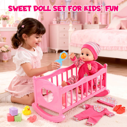 DRAMATION 12'' Interactive Baby Doll Set with Crib and High Chair, 32 PCS Baby Doll Toys Speaking 12 Sounds with Baby Doll Accessories, Doll Playset for Toddler Girl Toys Gifts 3 4 5 Years Old