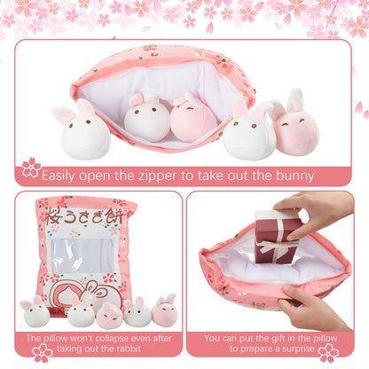Civaner Kawaii Bunny Plush Pillow Cute Room Decor Cherry Blossom Throw Pillow Pink Removable Stuffed Animal Fluffy for Easter Home Birthday Spring Sakura Gifts Bag