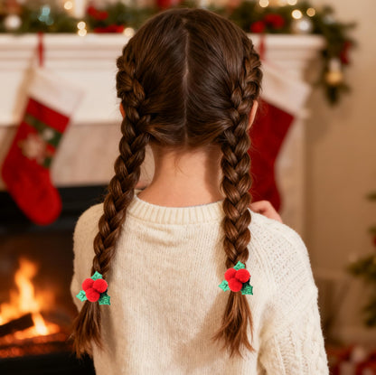 2-Piece Festive Holly Hair Clips with Red Berry Green Leaf Duckbill Clips Xmas Barrettes for Girls Holiday Hair Accessories for Winter Christmas New Year Parties