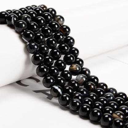 48Pcs 8mm Black Striped Agate Natural Round Loose Real Stone Beads Gemstone Genuine for DIY Hand Made Craft Jewelry Bracelet Earring Necklace String Making Energy Healing Power