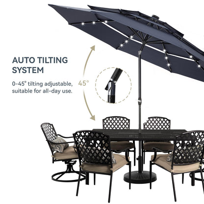 GREEN PARTY 10ft Patio Umbrella with Solar Lights, Auto-Tilt Lighted Market Table Umbrellas with Crank, 8 Sturdy Ribs & 1.5" Pole outdoor umbrellas for Patio Garden Deck Backyard Pool, Navy Blue