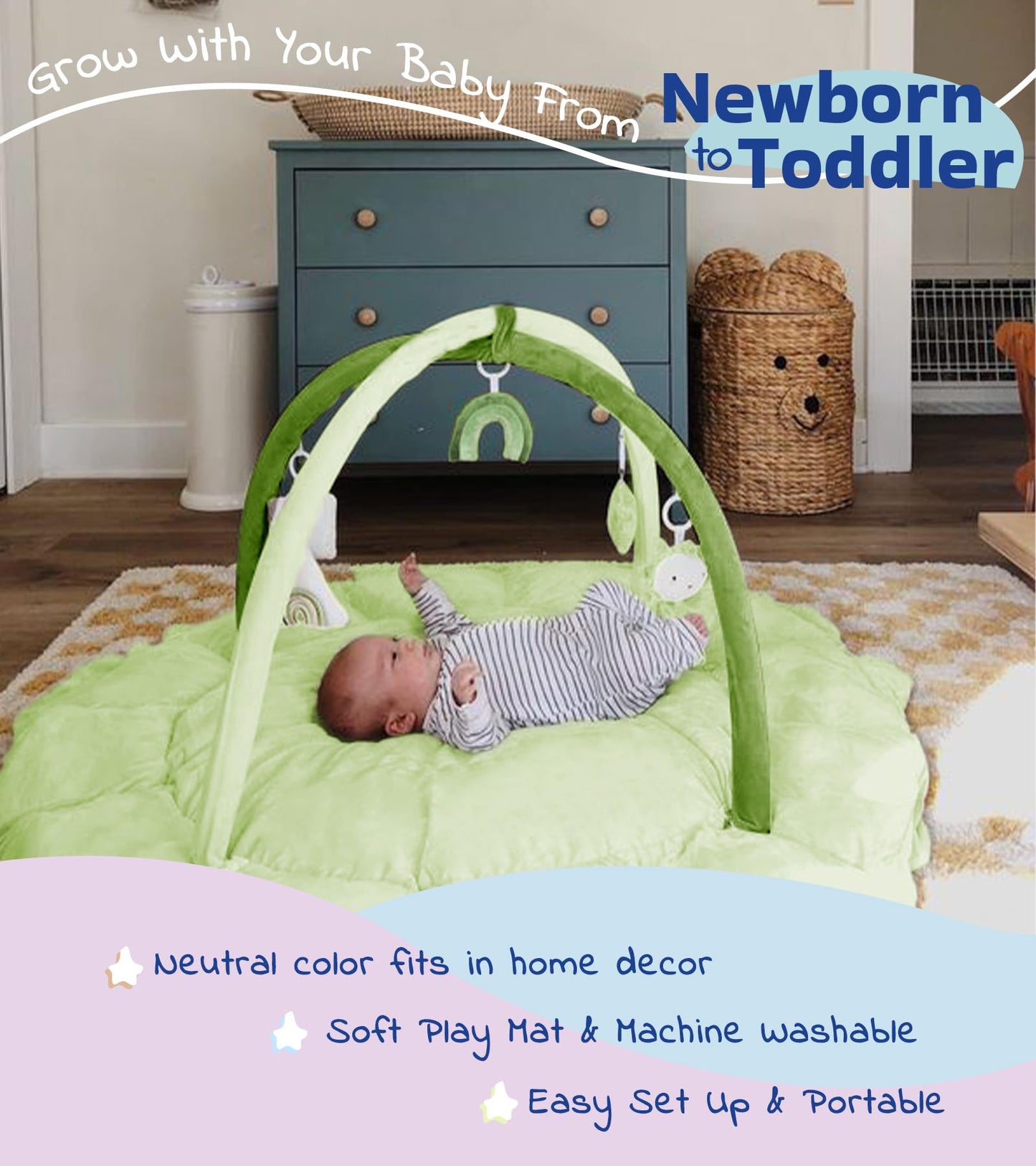 Little Dove 5-in-1 Convertible Baby Play Gym with 6 Toys, Tummy Time Mat for Sensory Development, Baby Activity Center from Newborn to Toddler, Ball Pit, Cat & Dog Bed, Soft Plush Pet Bed, Green
