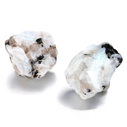 Jovivi 2pcs Raw Rainbow Moonstone Crystals,Large 1.6-2.2" Healing Crystals Natural Rough Stones Crystal for Tumbling, Cabbing, Home Decoration, Polishing, Wicca & Reiki