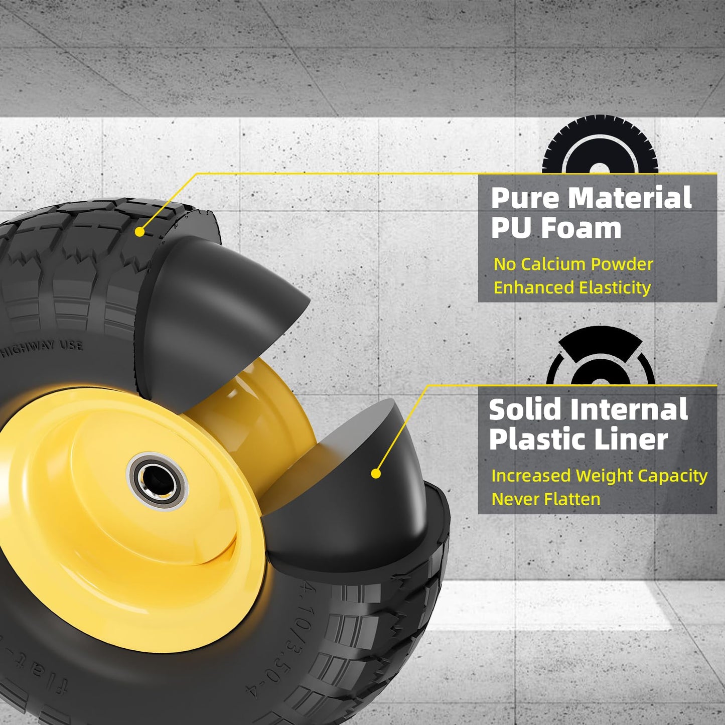 【UPGRADED】4.10/3.50-4 Tire and Wheel Flat Free, 10" Air Less Tires Wheels with 5/8" Center Bearings, 4.10/3.50/4 tires for Hand Truck/Trolley/Garden Utility Wagon Cart/Wheelbarrow/Generator, 4 Pack