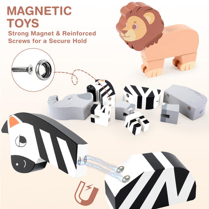 Joyreal Magnetic Jungle Animals Toy Play Set, 16 Pcs Wooden Building Blocks Play Set Toy for 1 Year Old, Fine Motor Montessori Game Preschool Educational Gift for Ages 1-5
