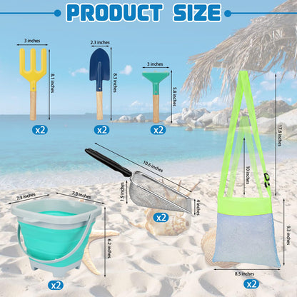 Mototo 12 Pack Beach Toys Set, Collapsible Beach Toys Included Foldable Bucket with Handle Sand Scooper Seashell Bag Mesh Shovel Hand Rake Fork Sand Sifter for Picking Up Shells Vacation Outdoor Play