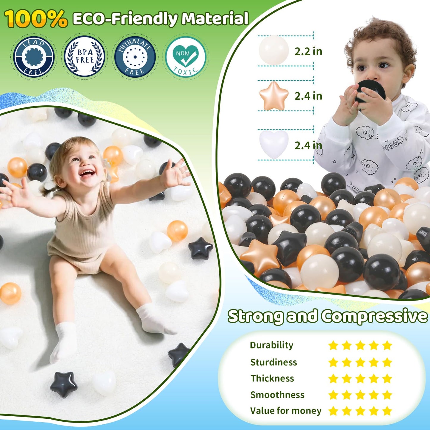 STARBOLO Ball Pit Balls Star Hearts Shapes for Toddlers - 50 100 200 500 Plastic Toy Ball Pit Balls Shapes for Ball Pit, Playpen, Birthday Party, Christmas Decoration