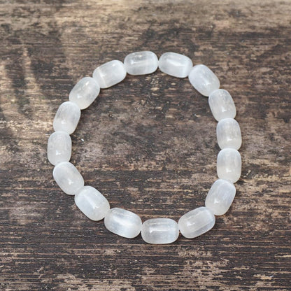 TaHLga Natural Selenite Crystal Bracelet for Women Men |8x12mm White Cylinder Beads | Crown Chakra Stone with Leather Pouch, Gift Box & Repair Kit | Fits about 7.5 inch Wrist