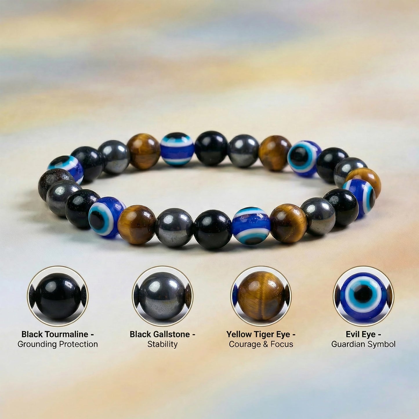 Bivei Evil Eye Bracelets Protection, Strength Crystal Healing Bracelet 8MM with Black Tourmaline, Obsidian & Tiger Eye - Spiritual Stretch Beaded Jewelry for Women Men Gift