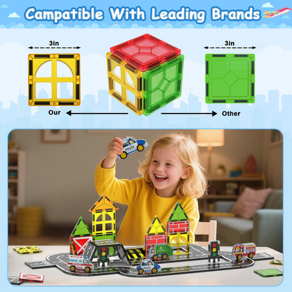 Magnetic Tiles Road Car Set,Magnetic Building Blocks for Kids, Learning Sensory Montessori Toys for 3-8 Year Old Boys Girls, Birthday Gifts for 3-8 Year Old Boys Girls, STEM Toys for Toddler