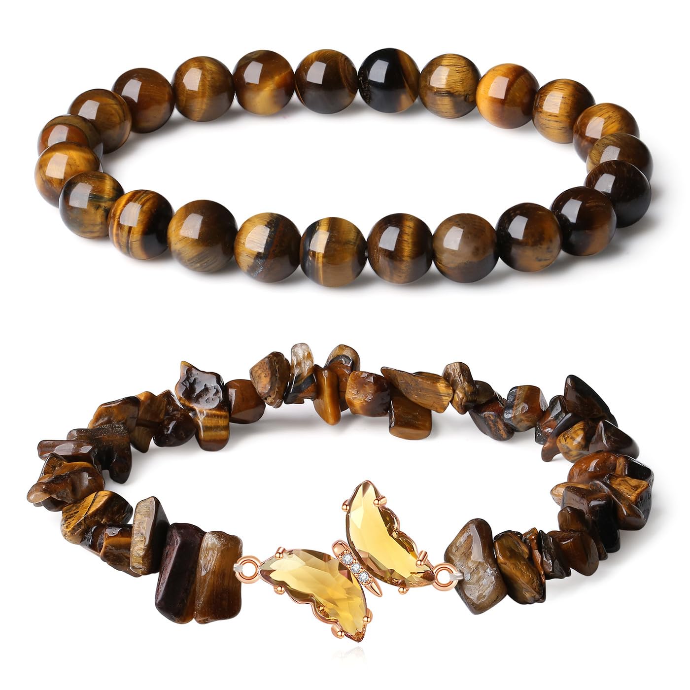 DUQGUHO 2Pcs Butterfly Bracelets for Women, Tigers Eye Bracelets, Healing Crystal Bracelet, Natural Tiger Eye Crystal Jewelry, 8mm Brown Beaded Bracelet, Gifts for Women