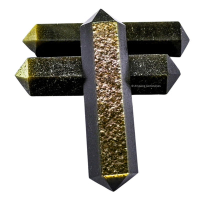 Amazing Gemstone Gold Sheen Obsidian Crystal Points Bulk Healing Crystals - Pack of 3 Double Terminated Healing Wand Point Bulk Crystals for Crafts,Crystal Grid - Premium Crystals for Beginners Gifts