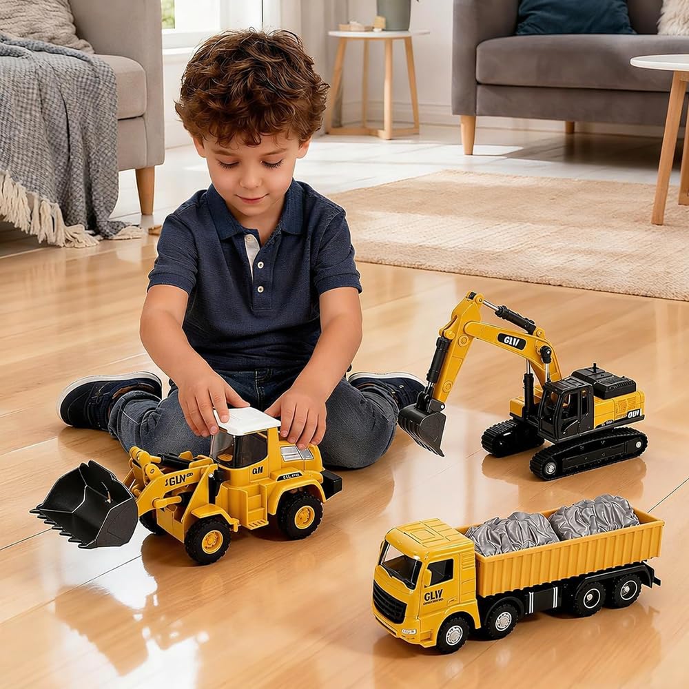 Unimoly Alloy Mini Construction Vehicles, 3Pcs Die-cast Metal Toy Set with Pull Back Action - Excavator, Dump Truck, Bulldozer for Toddlers & Kids 3 4 5 6 7 Years Old Boys Toys