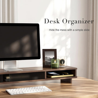 UniAbode Dual Monitor Riser with Sliding Doors & Storage - 42.5" Extra Wide Dual Monitor Stand for Desk Organizer,Desk Shelf for Office & Gaming - Acrylic Wave Design,110 lbs Capacity,Walnut