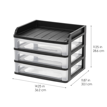 IRIS USA Plastic Desk Top 3-Drawer Storage Organizer with Paper Tray Top, 1-Pack, for Makeup Vanity Nail Polish Bathroom Stationery Art Craft Supplies Kitchen Office Garage Organization, Medium, Black