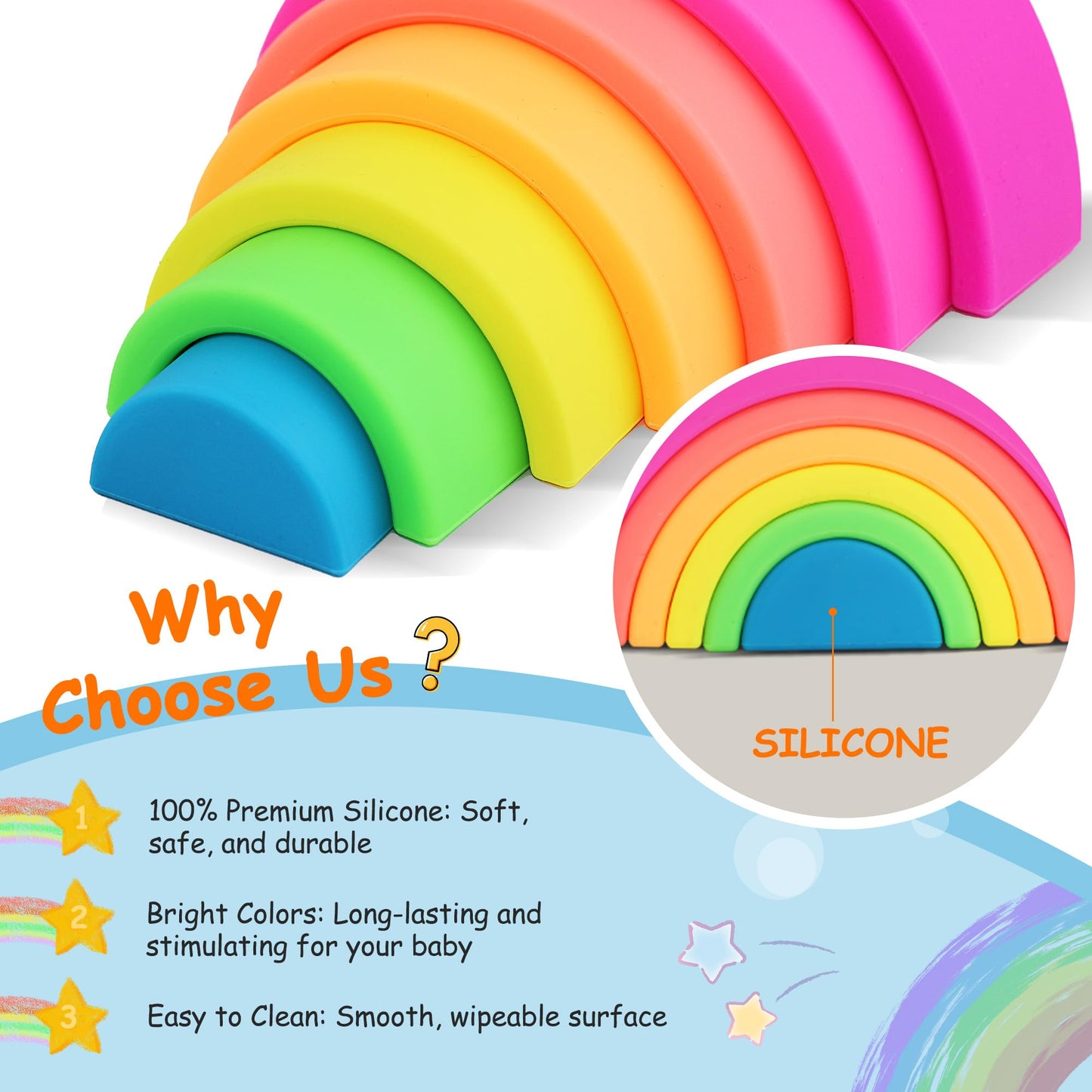 ROHSCE Sensory Toys for Babies Bundle - Textured Baby Balls & Wheat Straw Rattle + Silicone Rainbow Stacker, Montessori Nesting Blocks Soft Building Toys (7CPS), Baby 6-12 Months, Toddler Toys 1-3