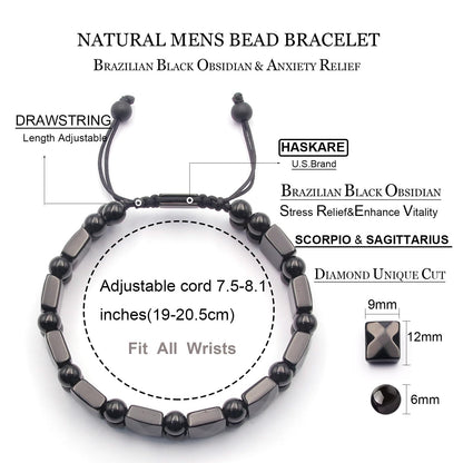 HASKARE Protection Healing Stone Bracelets for Men Unique Natural Crystal Black Obsidian Mens Bracelets, Masculine Energy Protection Men Beads Bracelet for Anxiety, Handmade Gifts for Husband Father