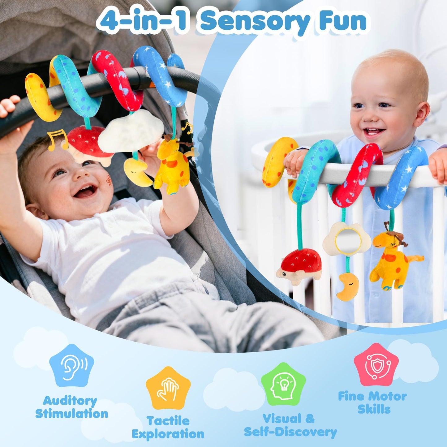 URMYWO Spiral Car Seat Toys for Babies 0-6 Months, Newborn Toys & Infant Toys, 3 Month Baby Toys, Toddler Travel Toys, Sensory Hanging Stroller Toy with Crinkle Mirror, Shower Gifts Essentials