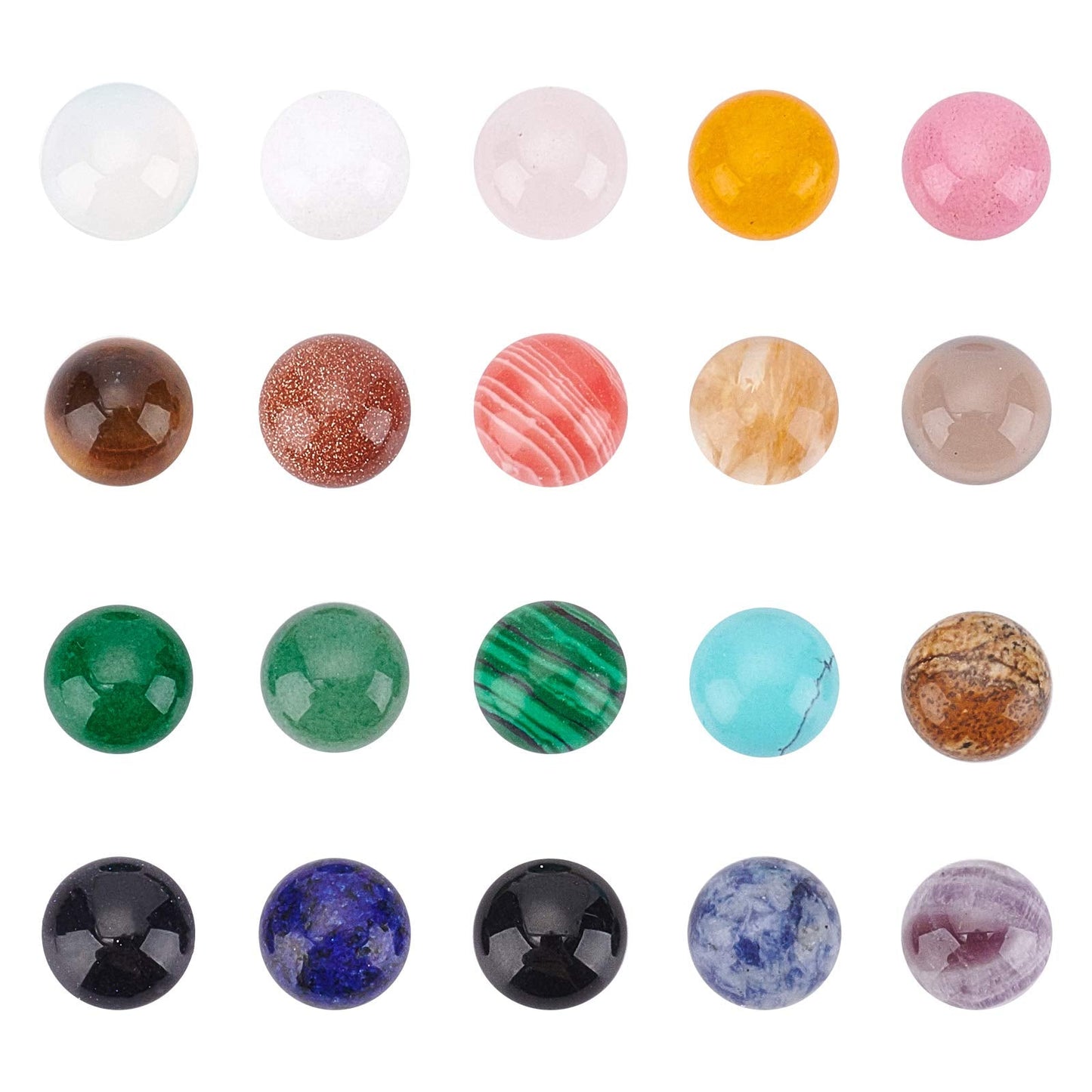 SUPERFINDINGS 40pcs 10mm Half Round Natural Cabochon 20 Color Flat Back Gemstone Cabochon Healing Quartz Chakra Crystal Stone for Bracelet Necklace Jewelry Making