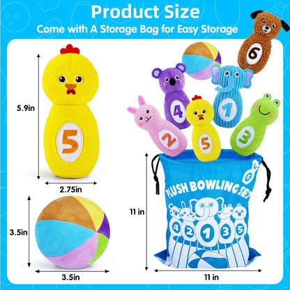 teytoy Baby Bowling Set for Toddlers 1-3, Bowling Games for Kids Indoor with 6 Pins and Storage Bag, Animal Themed Sensory Toys with Rattle & Number, Easter Christmas Birthday Gift