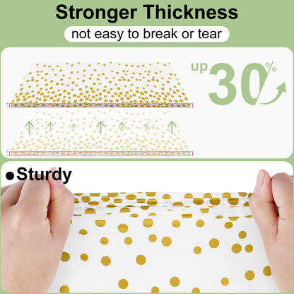 misaya 3 Packs Dot Disposable Table Cloth, 54 x 108 Inch Waterproof Plastic Tablecloth, Rectangle Gold Dots in White Table Covers for Picnic, Birthday, Party