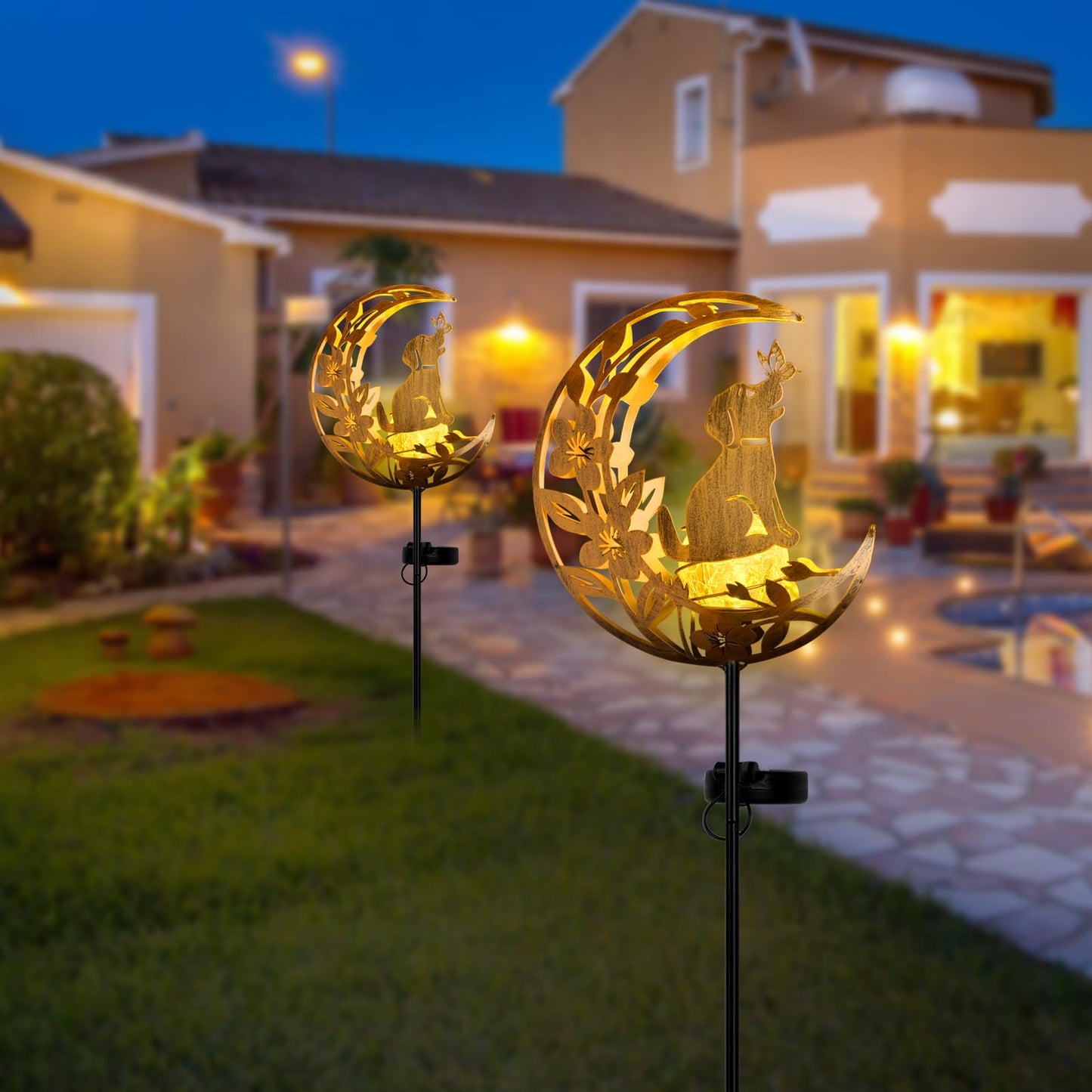 JOBOSI Solar Iron Art Flower Planting Moon Dog Waterproof Outdoor Solar Light for Garden, Yard, Patio Decor, Auto On/Off, Long-Lasting Battery, Unique Gift for Mom, Grandma, Christmas