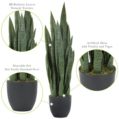 Worth Garden 3ft Artificial Snake Plant Fake Sansevieria Indoor Outdoor, 28 Thick Leaves Lifelike Faux Silk Plant, Home Decor Mother in Law Tongue Plant 35in, with Black pot & Dry Moss Included, Green