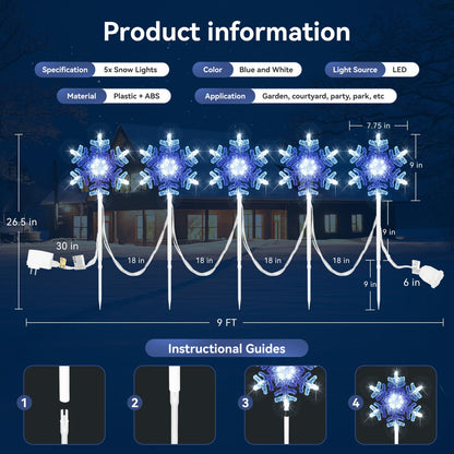 Snowflake lights outdoor 3D Crystal Cool White and Blue Chasing Led 9 ft set of 5 Yard Stake Snowflake Christmas Pathway Lights Connectable Christmas Decorations Outside for Yard Path Lawn Patio Decor