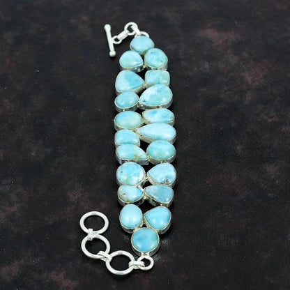 Solid 925 Sterling Silver Larimar Gemstone Bracelet – Natural Blue Larimar Stone, Women’s Stretch Silver Bracelet