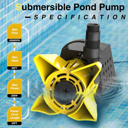 DECOKTOOL 3200GPH Pond Pump, 200W Submersible Water Pump with 33FT Power Cord & Barrier Bag, 2 Hose Adapters, 20FT. Lift Height for Garden Ponds, Fountains, Waterfalls, Water Circulation (Yellow)