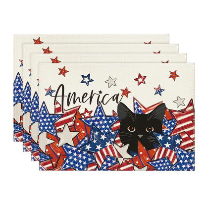 Artoid Mode Stars Black Cat Patriotic 4th of July Placemats Set of 4, 12x18 Inch Memorial Day Holiday Table Mats for Party Kitchen Dining Decoration