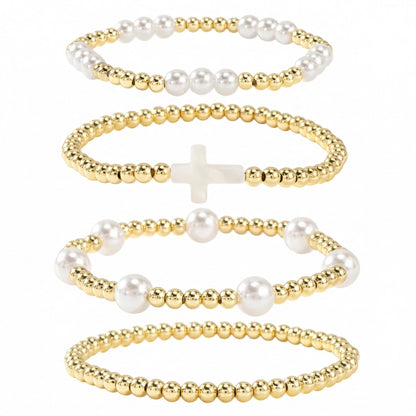 Bohxantium Stackable Gold Beaded Bracelets for Women - Stretch 14K Gold Beads Boho Pearl Cross Bracelet Stack Non Tarnish Trendy Jewelry Set Friendship Christian Gift for Women