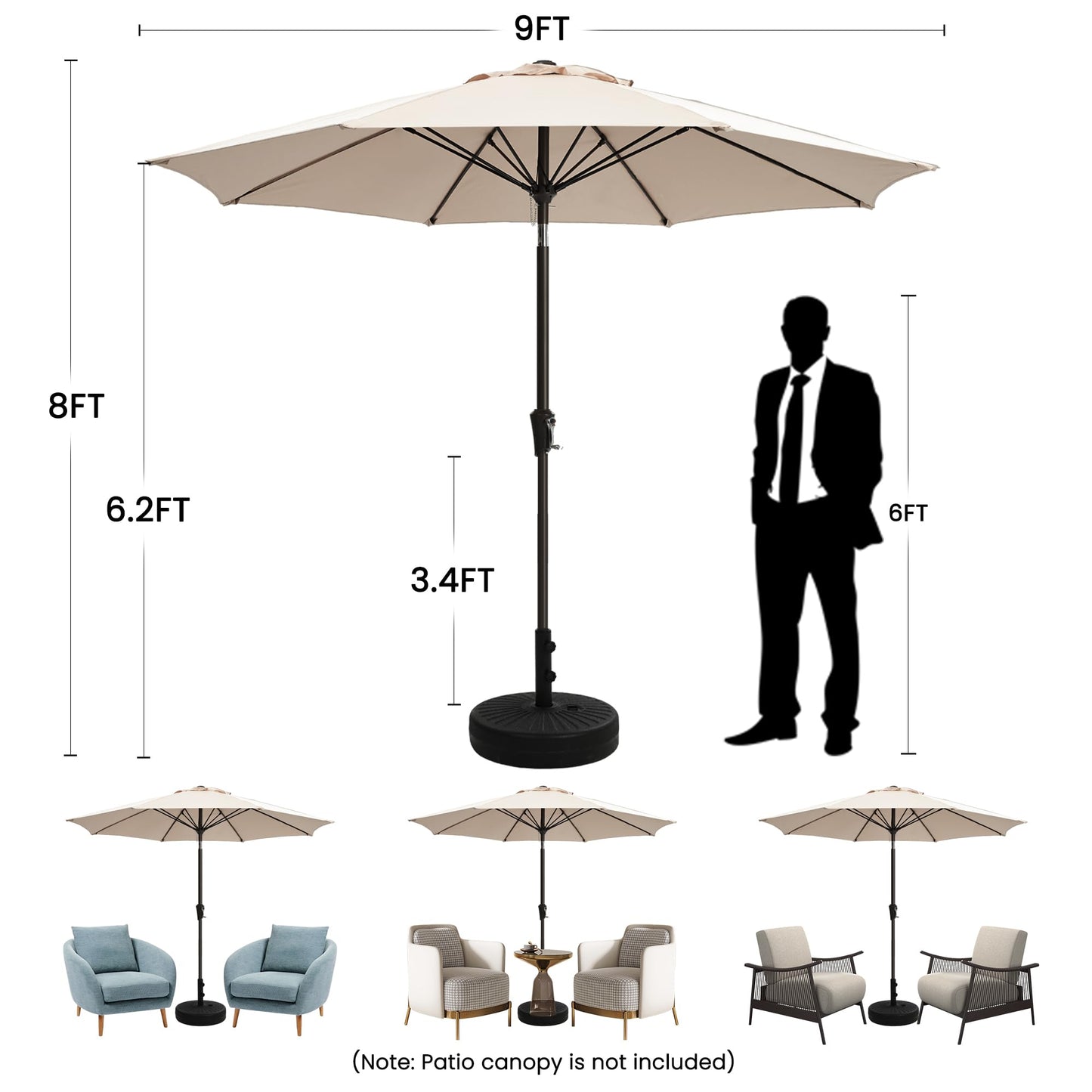 Ayge 9FT Large Outdoor Patio Umbrella Market Table Umbrella-UV Resistant, Easy Push Button Tilt and Crank, 8 Sturdy Fiberglass Ribs Heavy-Duty Pool Umbrella for Deck, Backyard,Garden,Beige