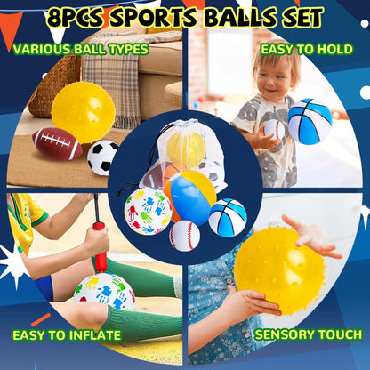 teytoy Set of 8 Sports Balls for Toddlers 1-3,Toddler Outdoor Toys,Soft Indoor Outdoor Ball Toys Boys Girls Kids Baby Ball-Basketball Baseball Football Rugby Bounce Ball Beach Ball with Free Bump/Bag