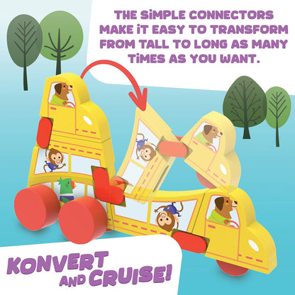 MindWare Konvertibles Transforming Wooden Cars – 2‑Piece Flip‑&‑Change Vehicle Set with Carry‑Along Box That Becomes 3‑D Road Scene, Toddler Toy for Ages 18 Months +